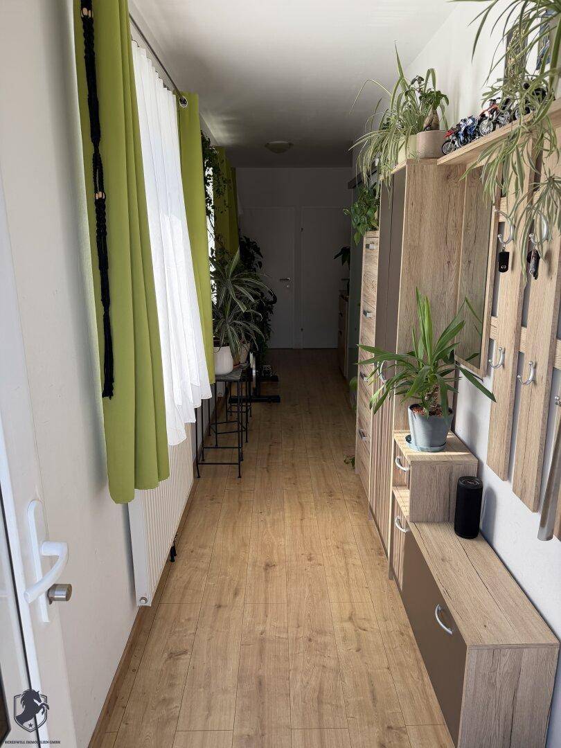 Heller Flur mit Laminatboden, vielen Pflanzen und Garderobenmöbeln, die eine einladende Atmosphäre schaffen.