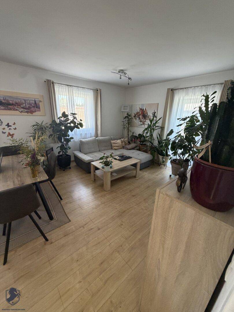 Gemütlicher Wohnbereich mit Laminatboden, Sofa und vielen Zimmerpflanzen, die eine grüne Oase bilden.
