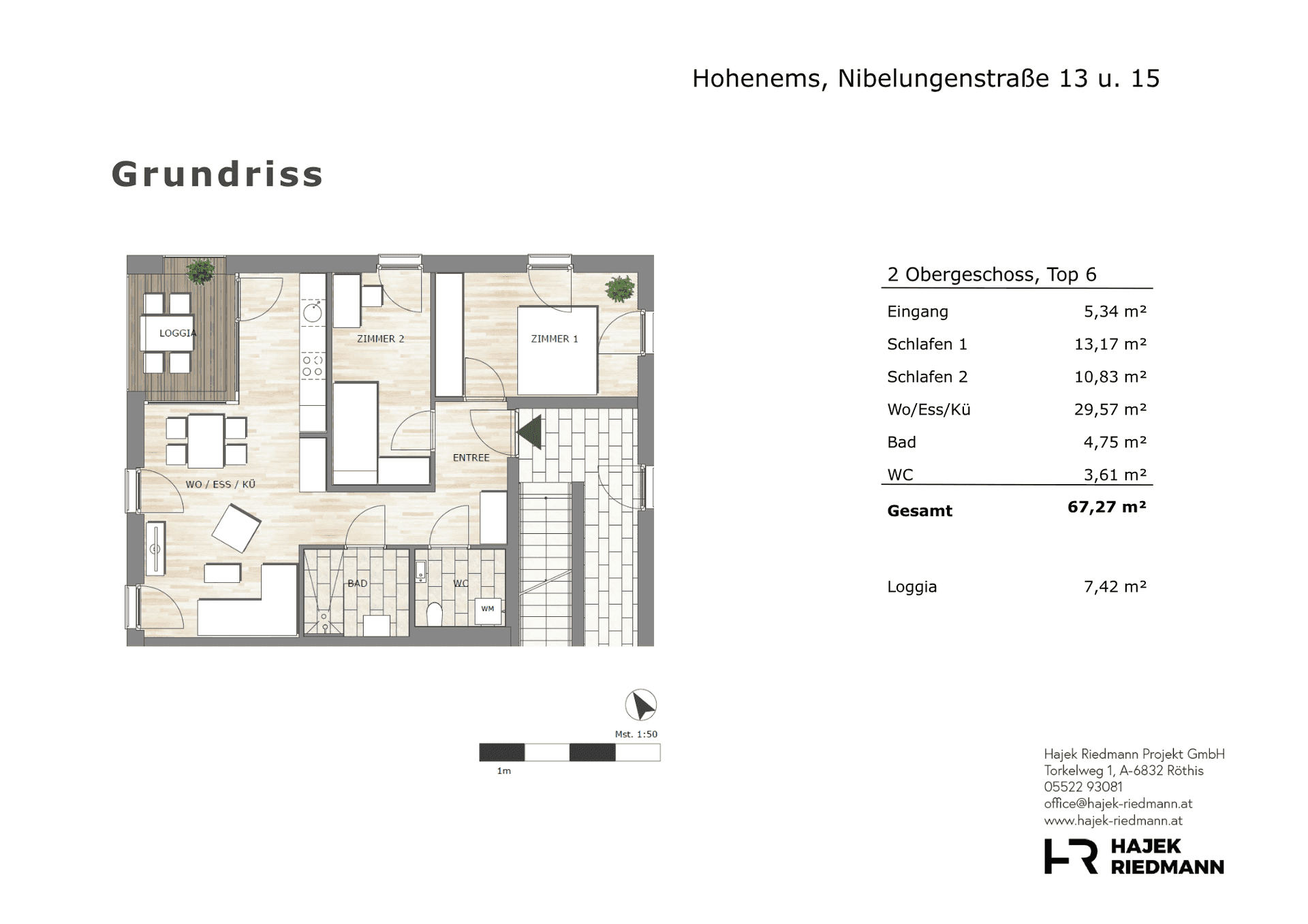 Grundriss einer 2-Zimmer-Wohnung im Obergeschoss mit Loggia und offenem Wohn-/Essbereich.