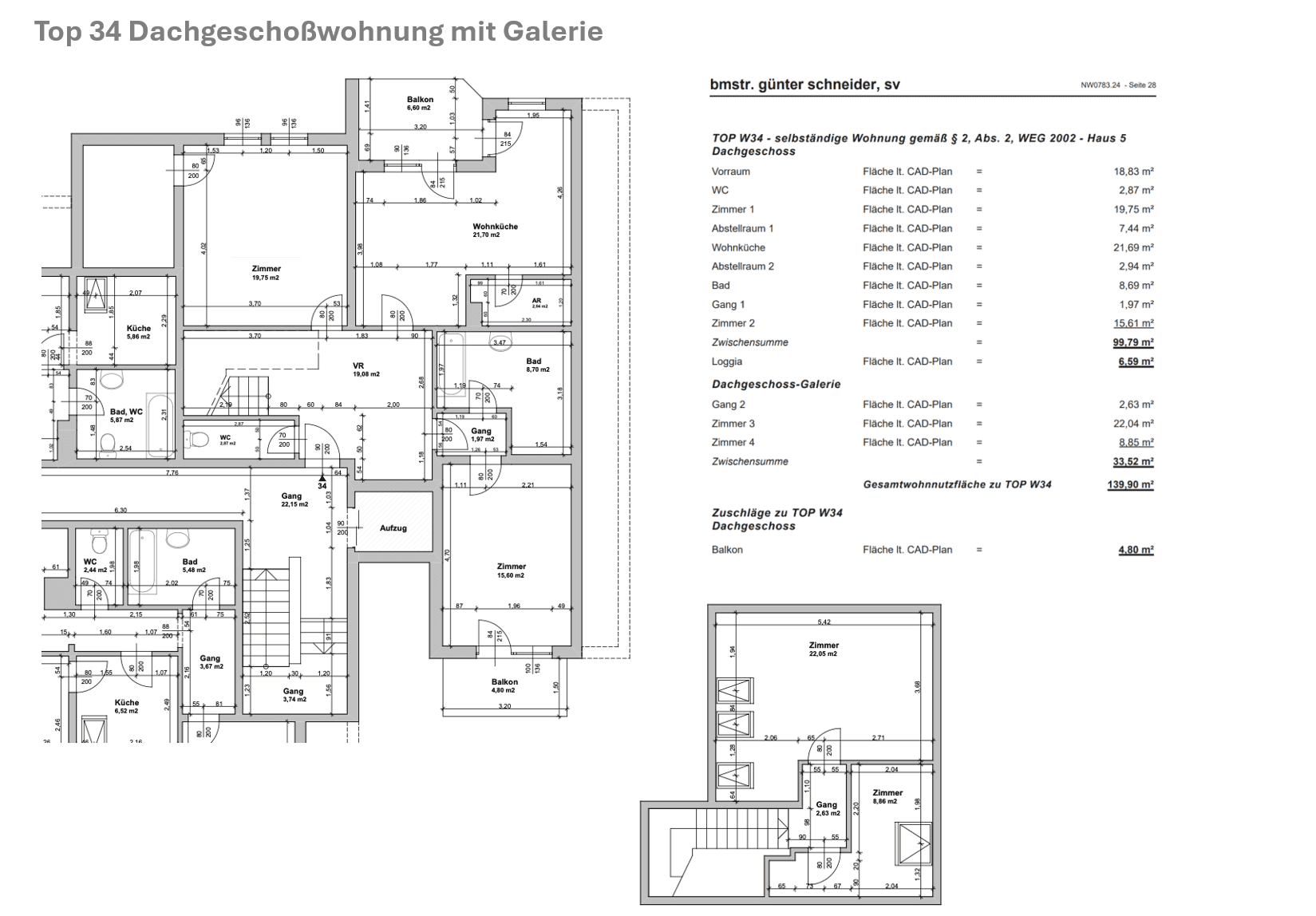 Grundriss einer Dachgeschosswohnung mit Galerie, mehreren Zimmern, zwei Bädern, Loggia und Balkonen.