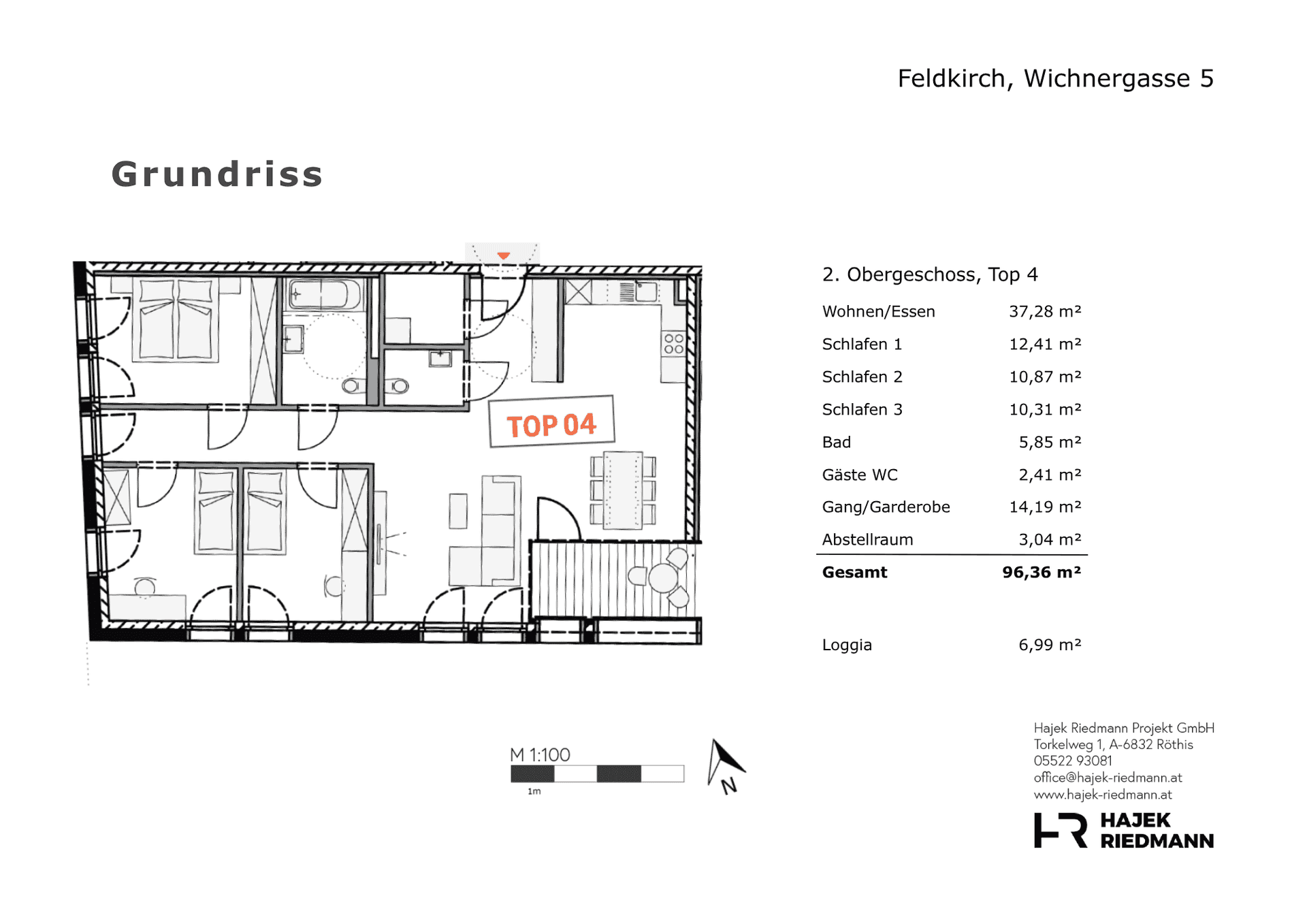 Grundriss der Wohnung Top 4 im 2. Obergeschoss mit drei Schlafzimmern und Loggia.