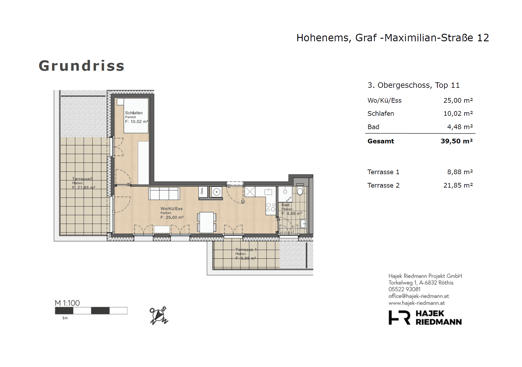 Dieser Grundriss zeigt eine moderne Wohnung mit offenem Wohnkonzept, einem Schlafzimmer und zwei großzügigen Terrassen.