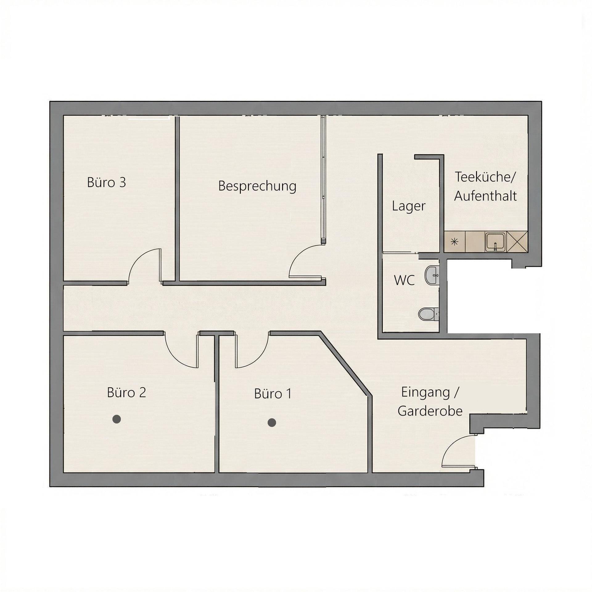 Grundriss einer Büroetage mit mehreren Büros, Besprechungsraum, Teeküche und WC.