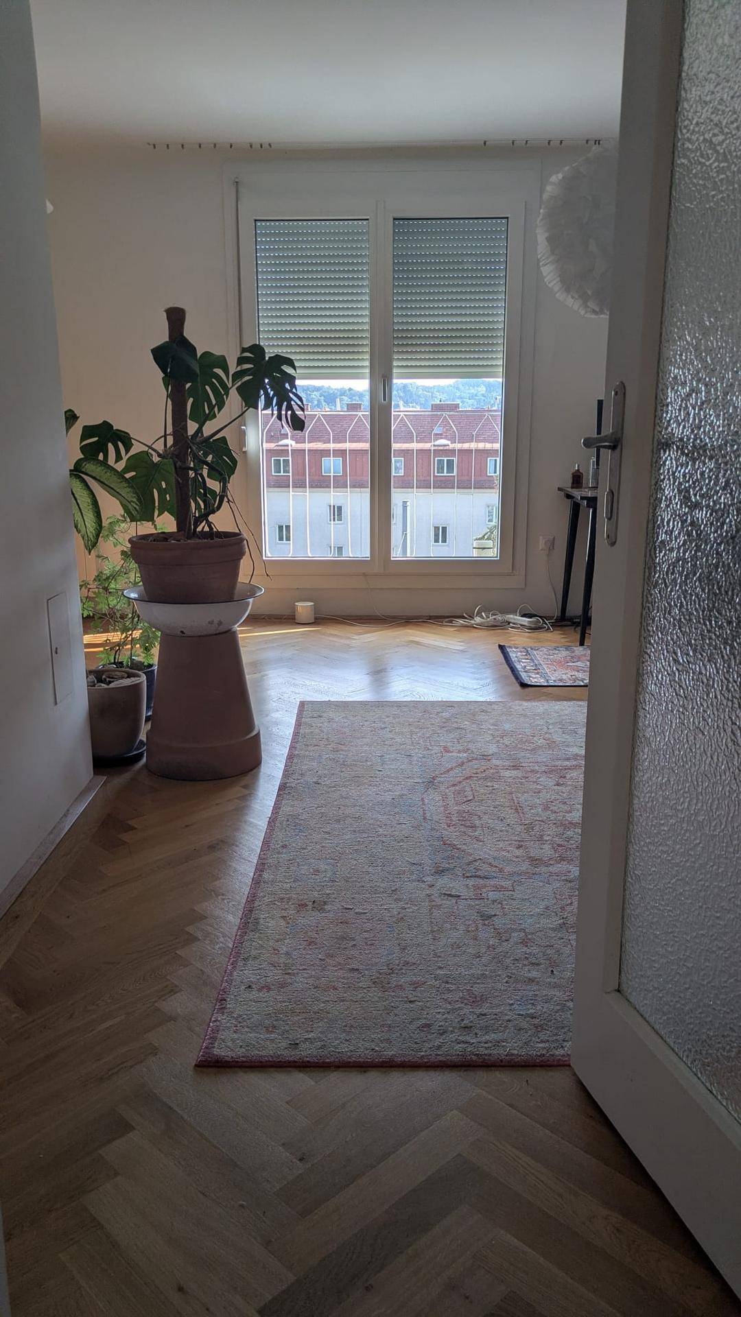 Helles Zimmer mit Fischgrätparkett, Pflanzen und Fenster mit Außenjalousien.