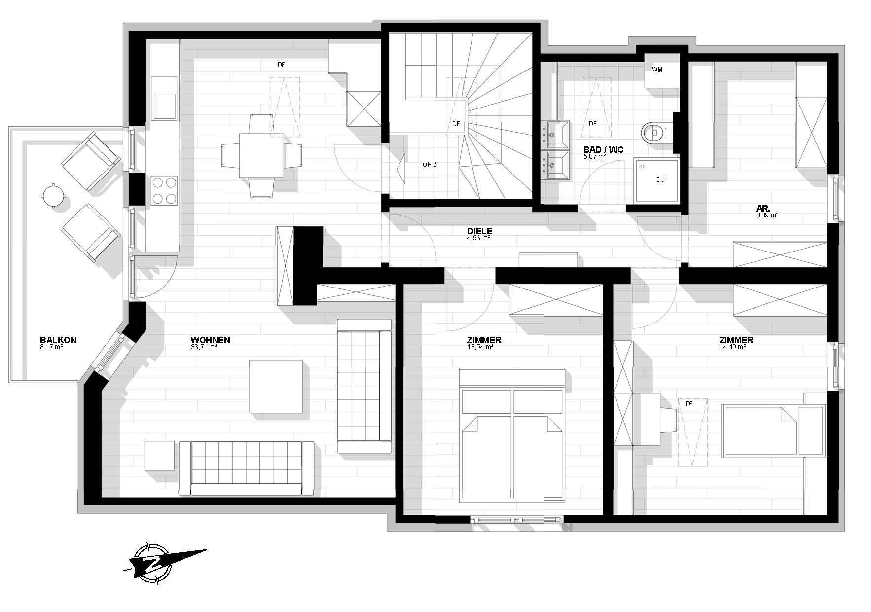 Grundriss des Obergeschosses mit Wohnbereich, zwei Zimmern, Bad und Balkon.