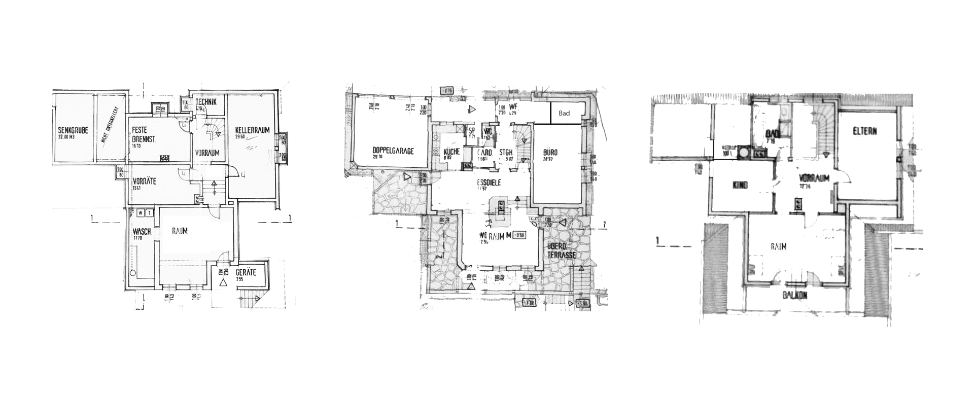Drei Grundrisse zeigen verschiedene Ebenen des Hauses mit Raumaufteilung und Funktionen.