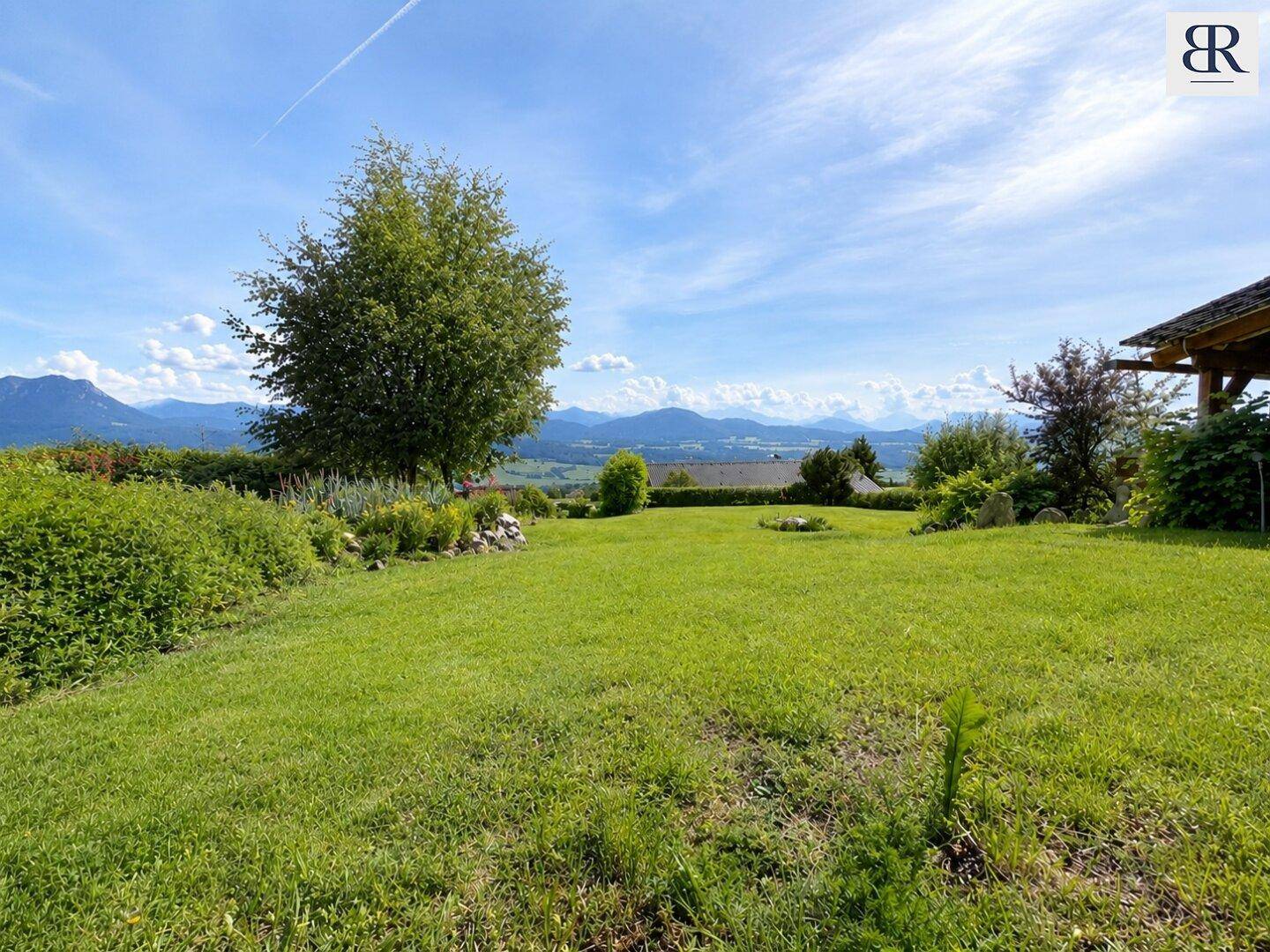 Großer, gepflegter Rasenbereich mit einem Baum und beeindruckendem Bergblick in der Ferne.
