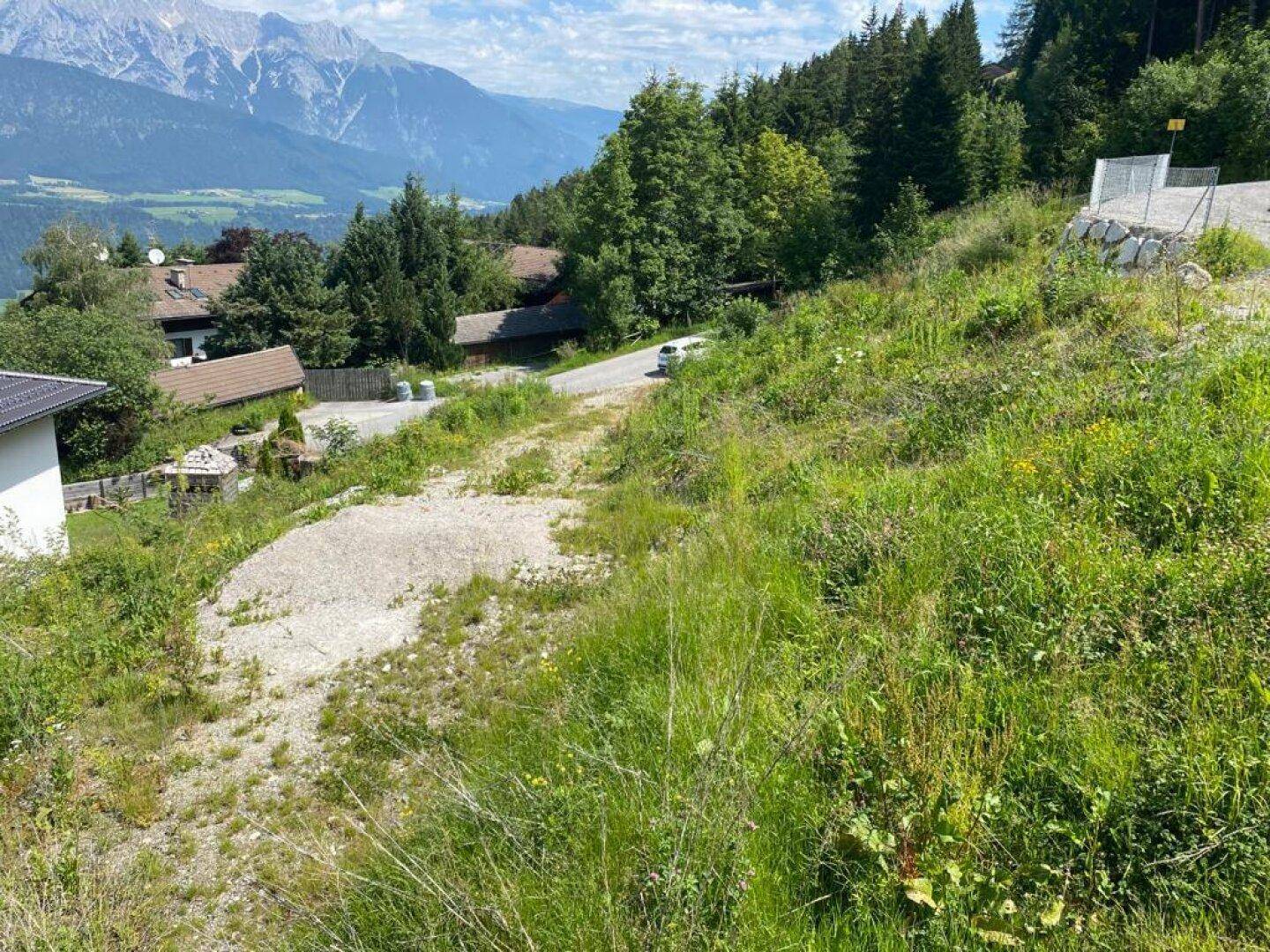 Naturbelassenes Grundstück mit üppiger Vegetation und beeindruckendem Bergpanorama im Hintergrund.