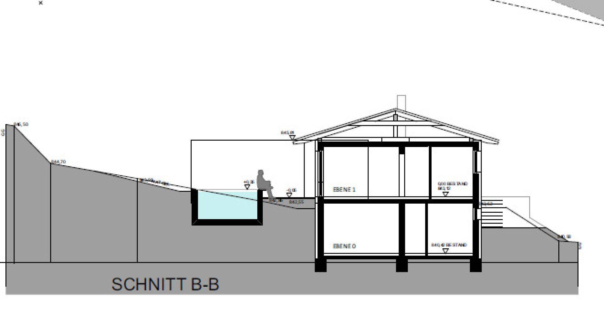 Schnittansicht des Hauses zeigt zwei Ebenen und den integrierten Swimmingpool im Außenbereich.
