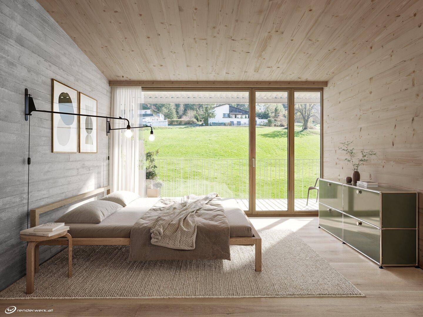 Modernes Schlafzimmer mit Holzwänden, großem Fenster und direktem Zugang zum Balkon mit Grünblick.