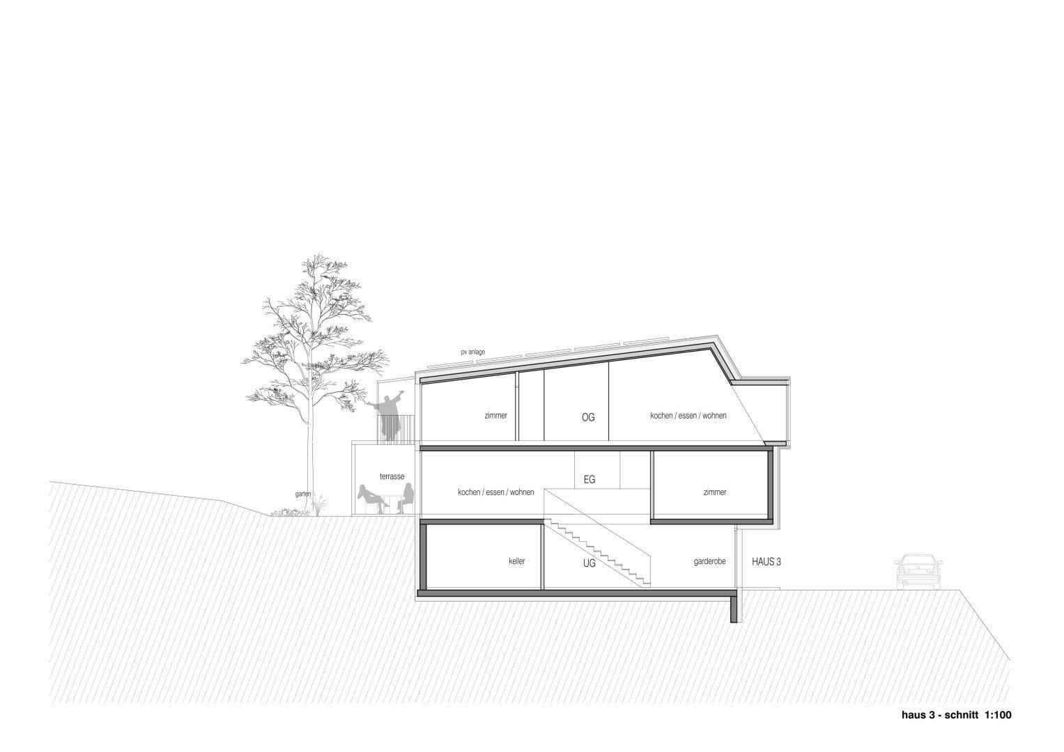 Schnittzeichnung von Haus 3, zeigt die Aufteilung der Geschosse und das schräge Dach.