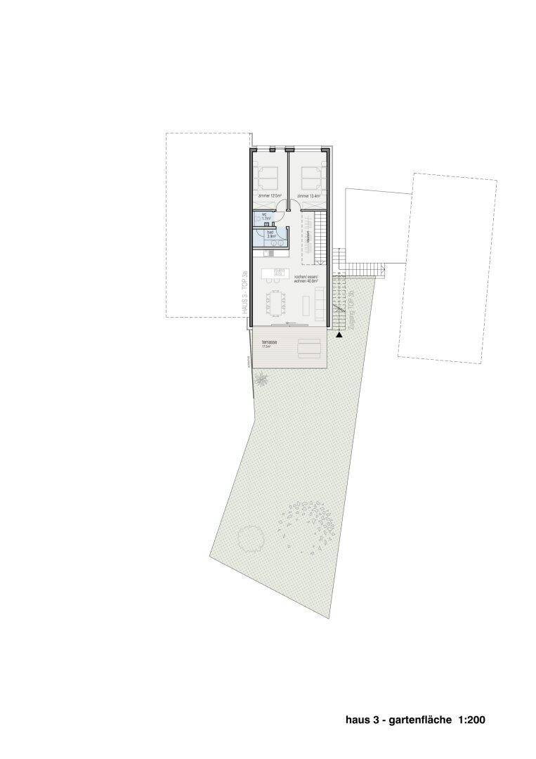 Grundriss der Gartenfläche von Haus 3, inklusive der angrenzenden Terrasse.