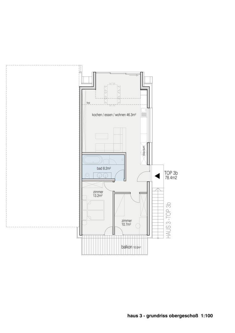Grundriss des Obergeschosses von Haus 3 mit Zimmern, Bad und einem Balkon.