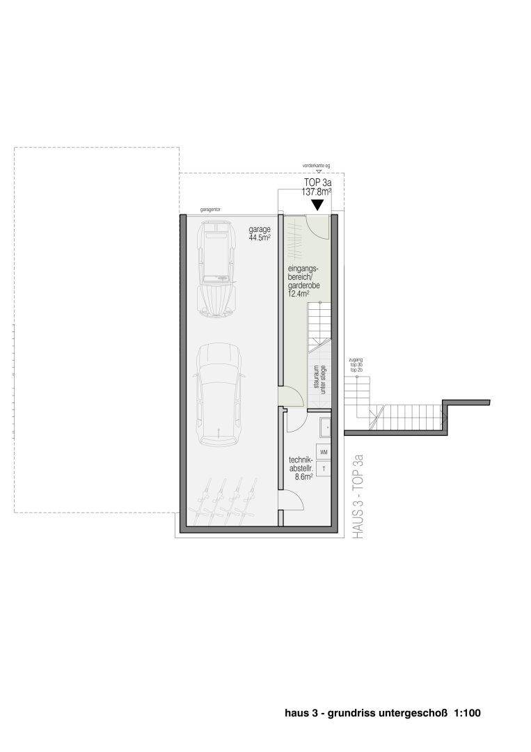 Grundriss des Untergeschosses von Haus 3 mit Garage, Eingangsbereich und Technikraum.