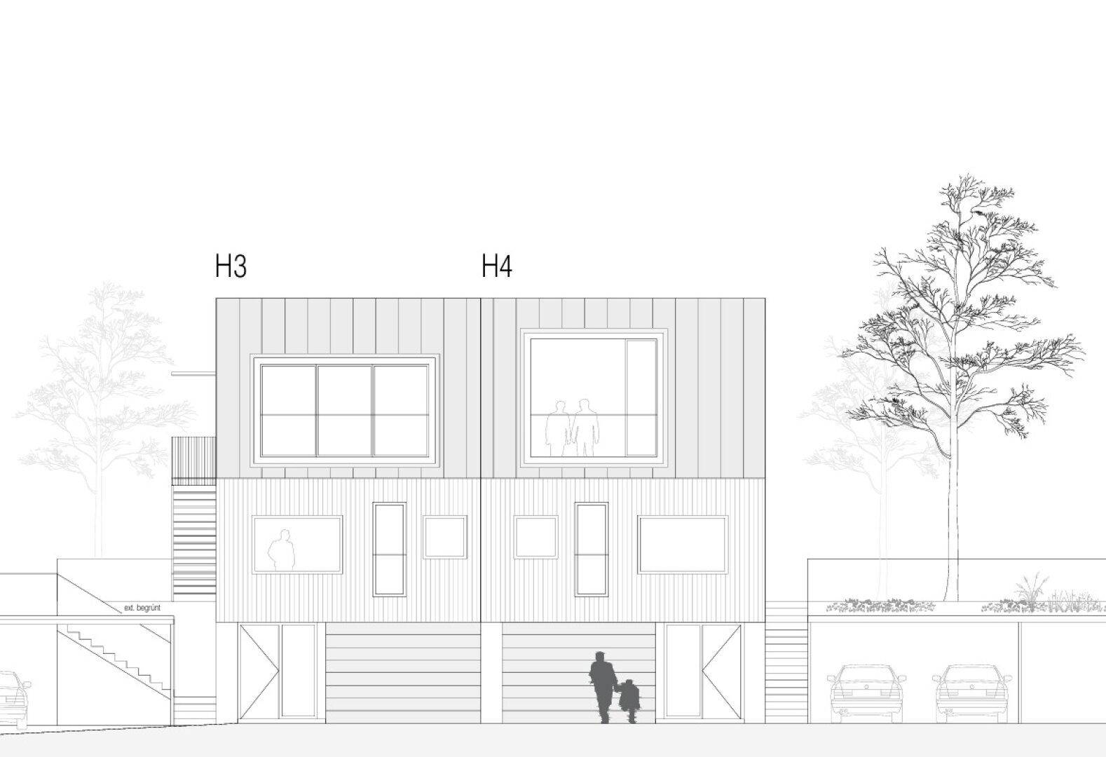 Architektonische Ansicht der Häuser H3 und H4 mit Garagen und Fenstern.