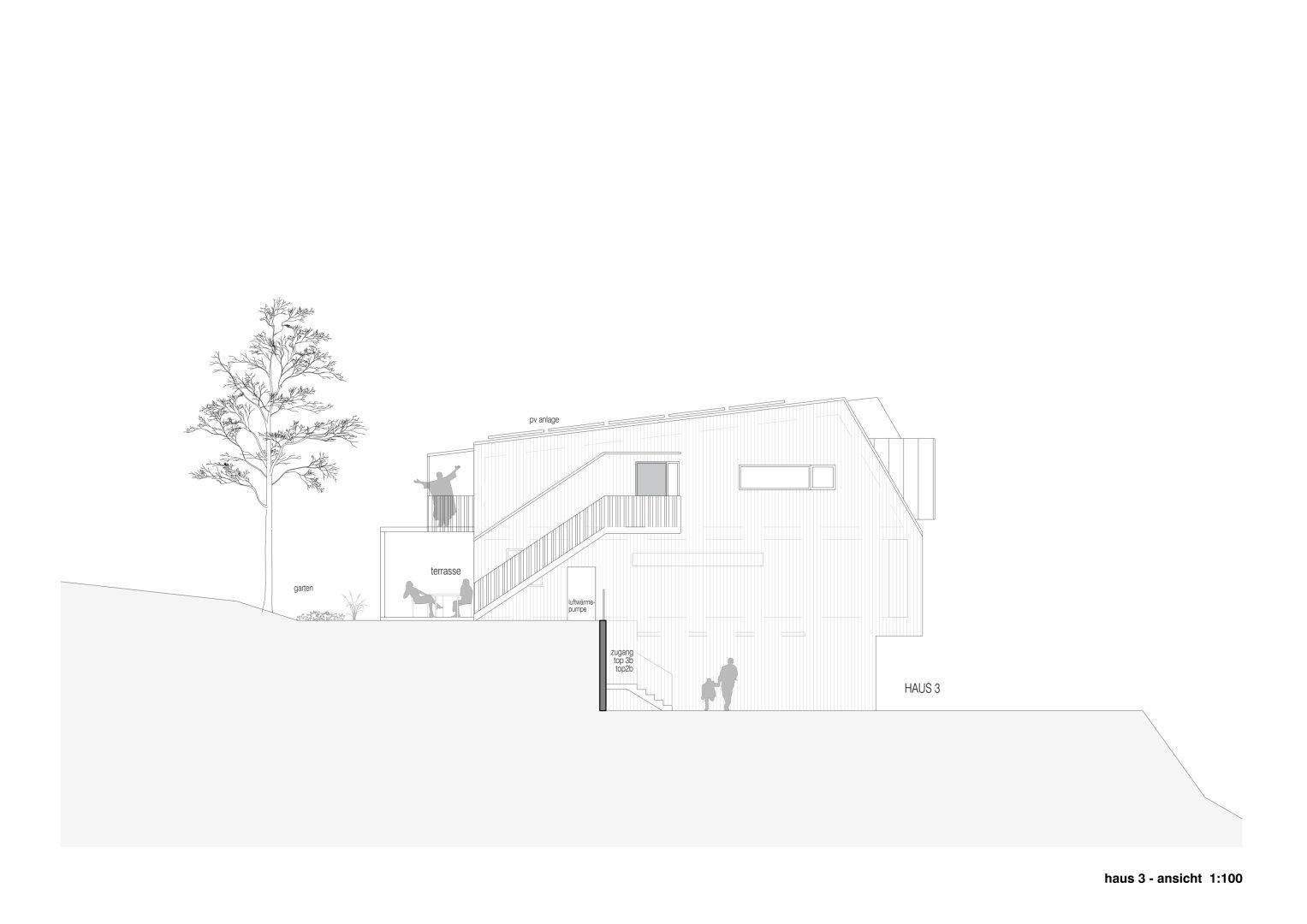 Seitenansicht von Haus 3, zeigt die Außentreppe und die Terrasse.