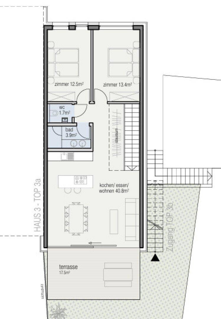 Grundriss des Erdgeschosses von Haus 3 mit zwei Zimmern, Bad, WC und offenem Wohnbereich mit Terrasse.