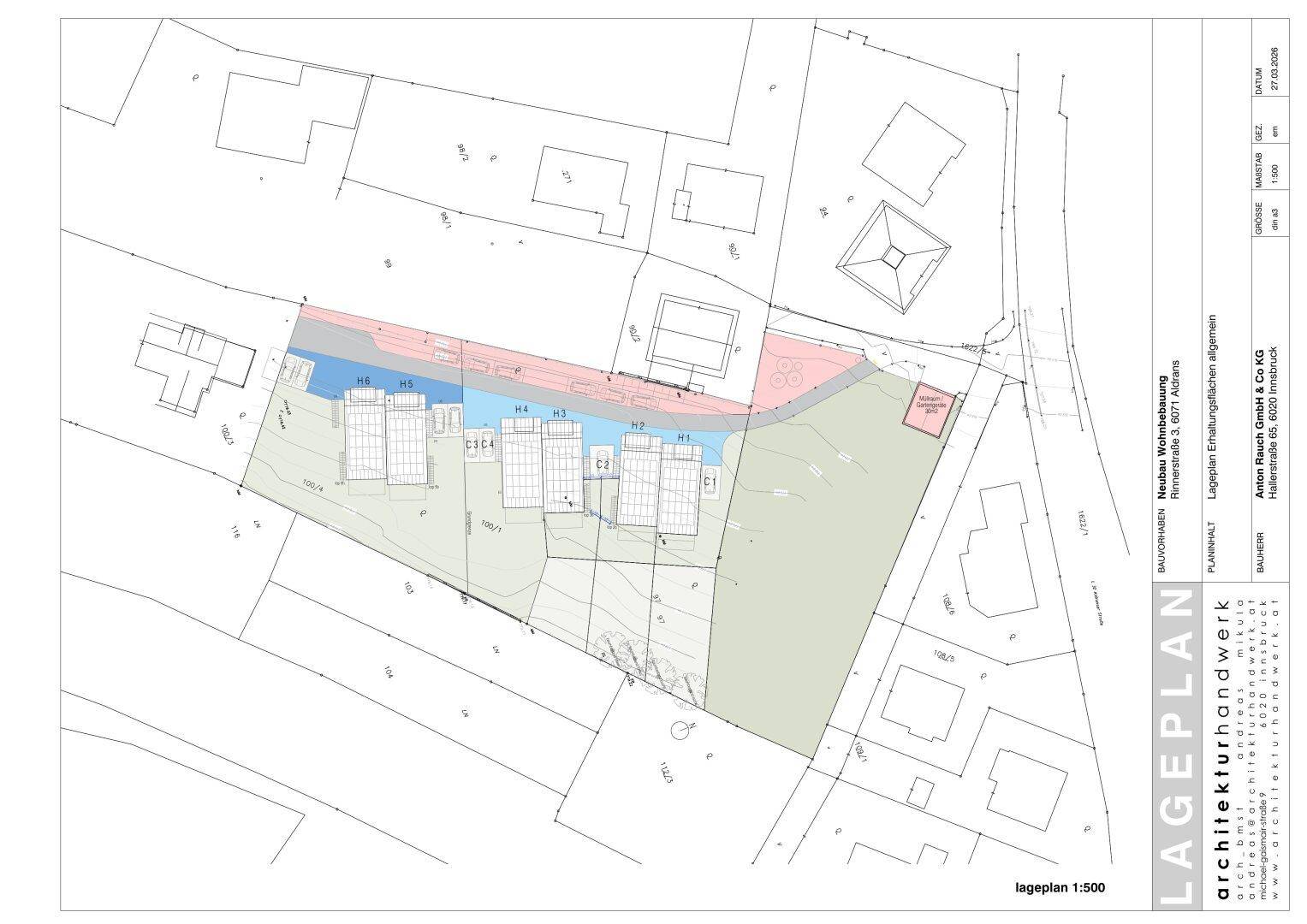 Lageplan einer Neubau-Wohnbebauung mit mehreren Gebäuden und umliegenden Grünflächen sowie Erschließungswegen.