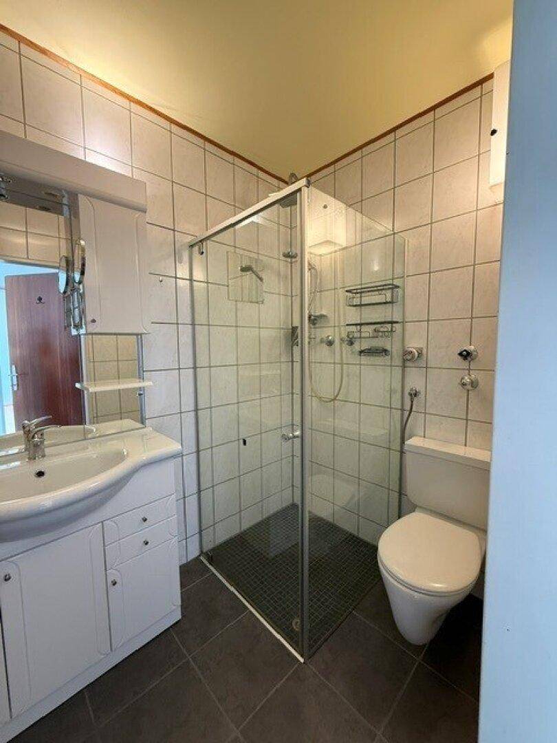 Badezimmer mit Duschkabine, WC und Waschbeckenunterschrank, komplett gefliest.
