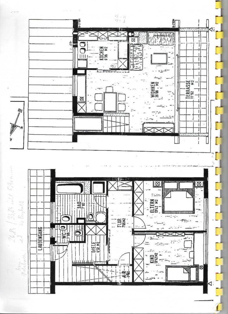 Grundrissplan einer zweistöckigen Wohneinheit mit Wohnzimmer, Küche, Terrasse, zwei Schlafzimmern und zwei Bädern.