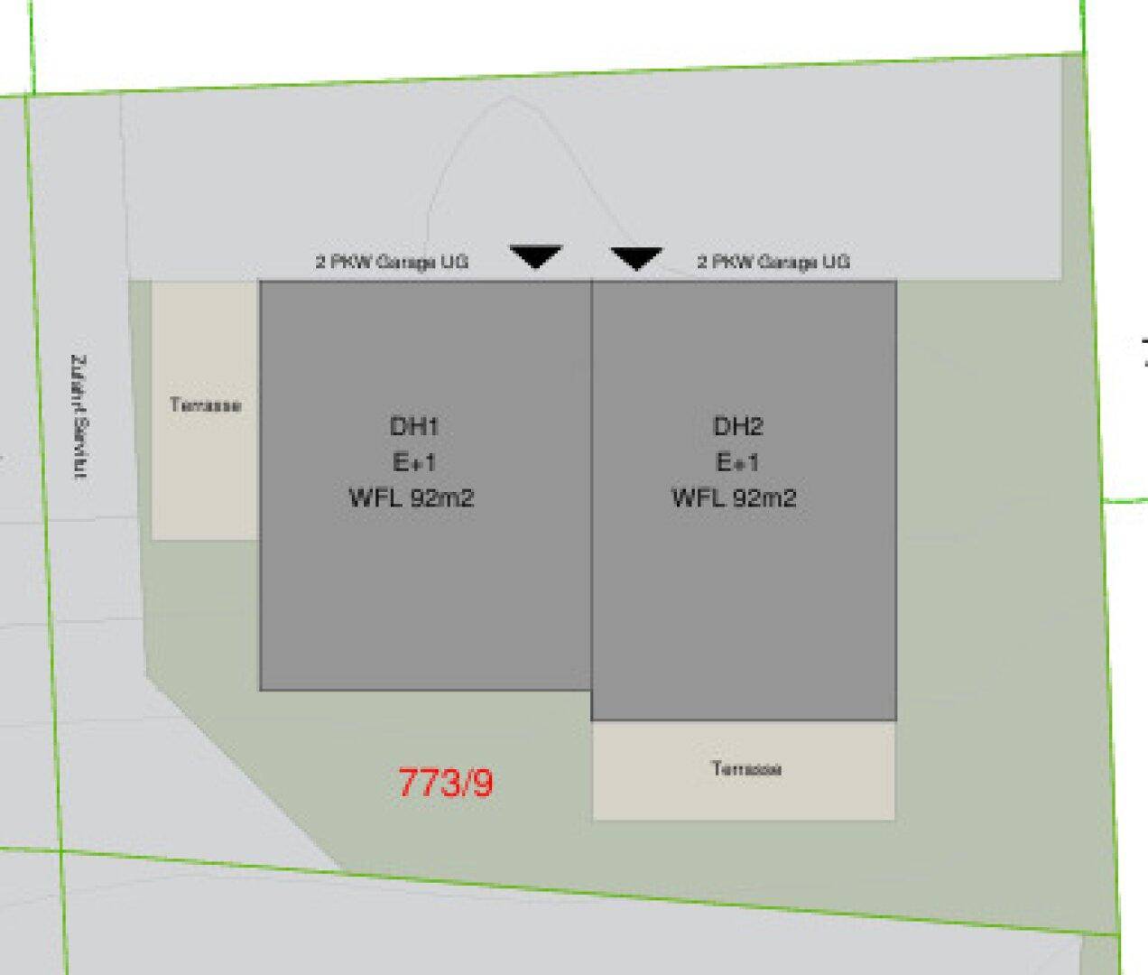 Lageplan mit zwei Doppelhaushälften, Terrassen und Tiefgaragenstellplätzen für die Einheit 773/9.
