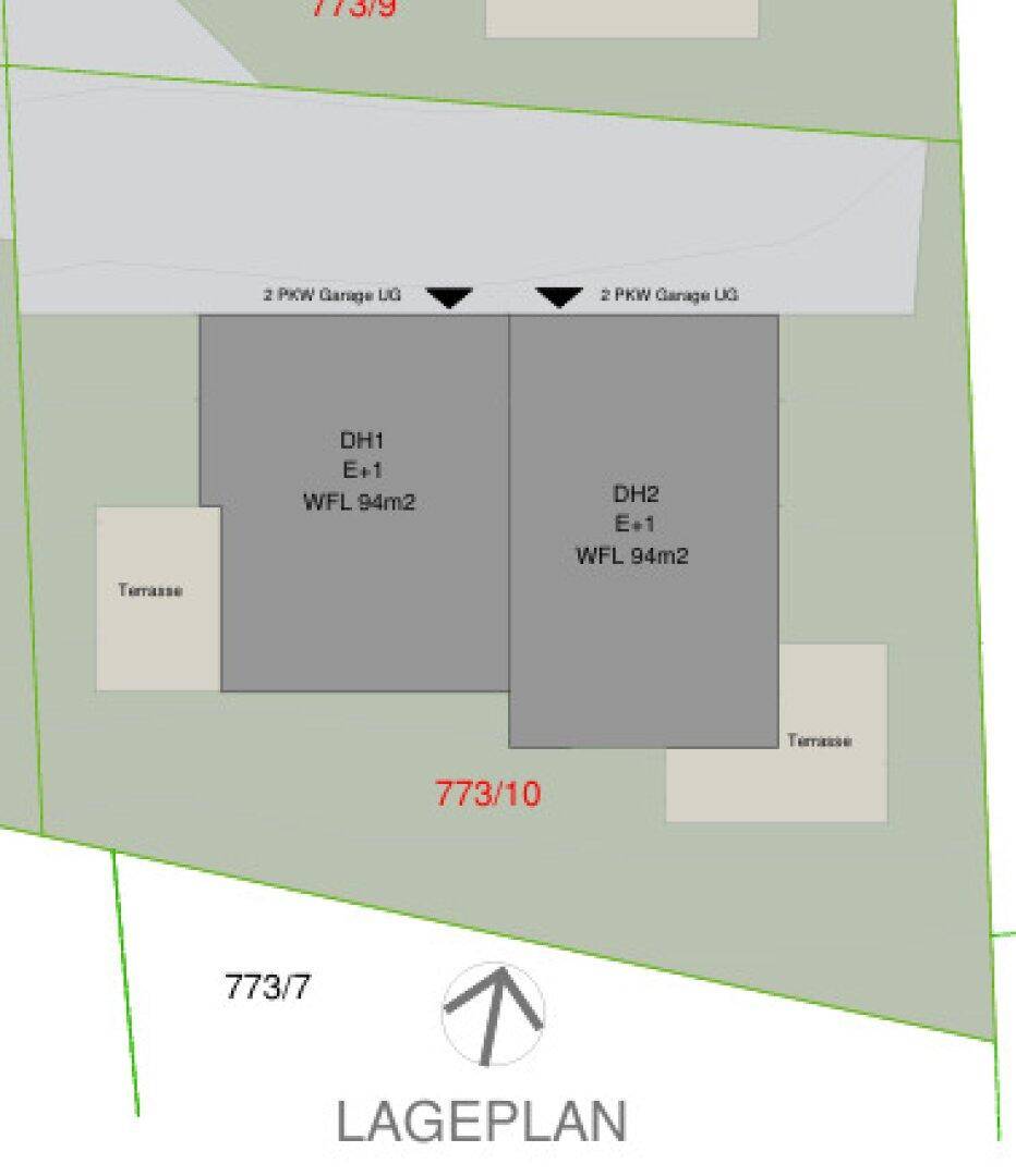 Lageplan mit zwei Doppelhaushälften, Terrassen und Tiefgaragenstellplätzen für die Einheit 773/10.