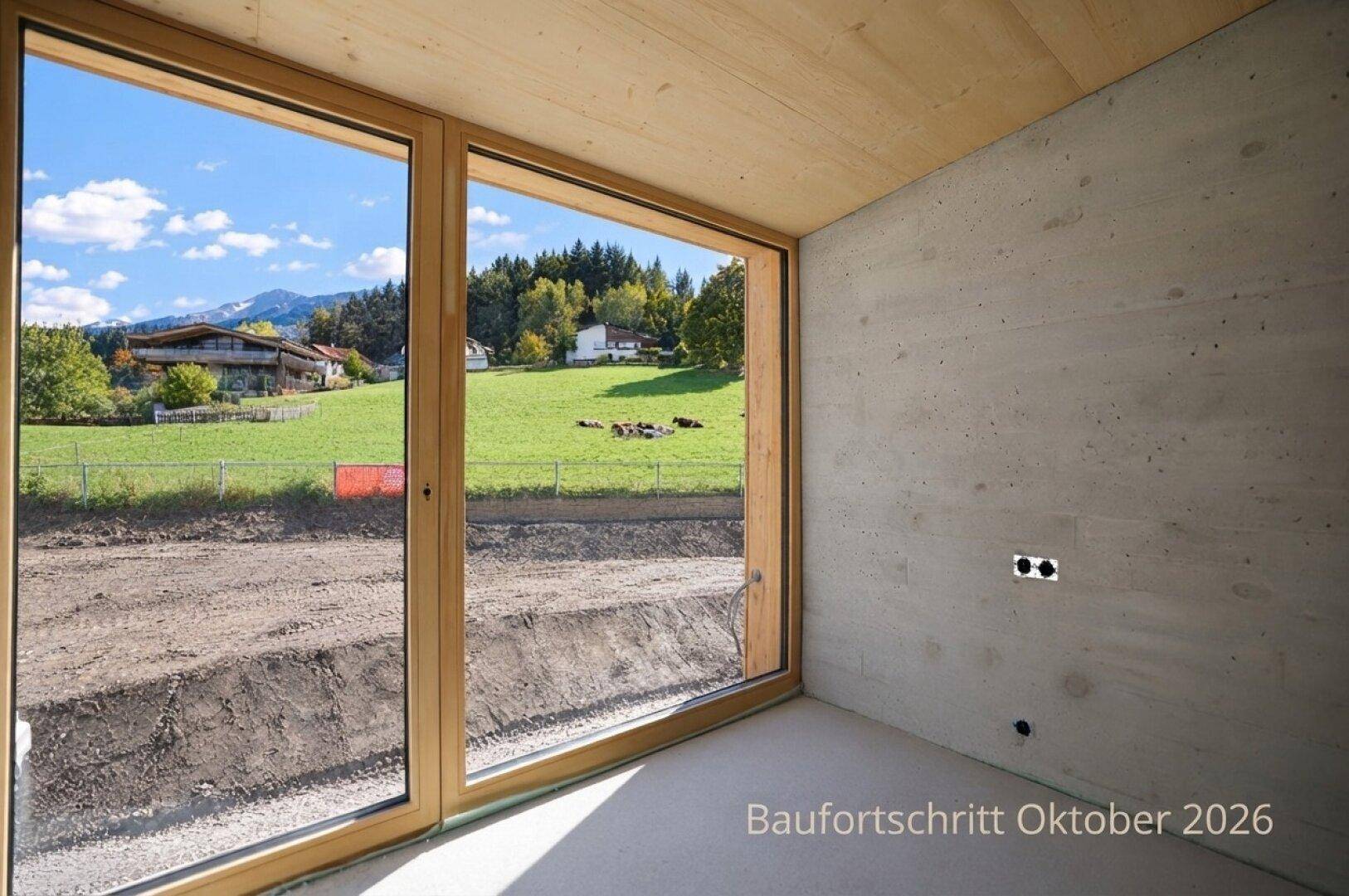 Unfertiger Raum mit Betonwänden und großen Fenstern, die einen Blick auf grüne Wiesen bieten.