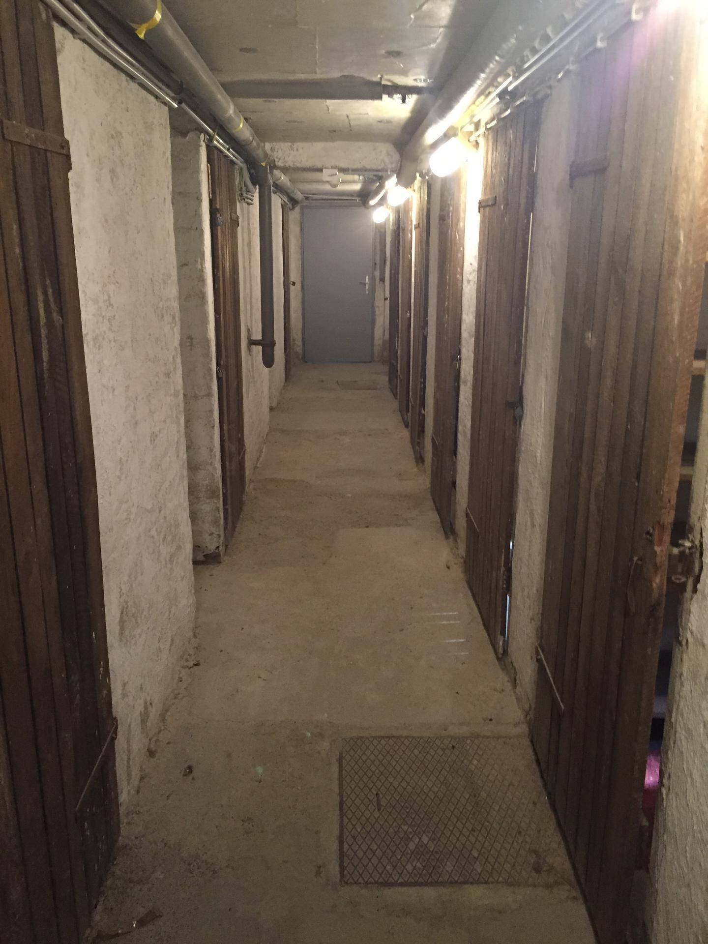 Langer Kellergang mit mehreren Abteilen und Beleuchtung, bietet zusätzlichen Stauraum.