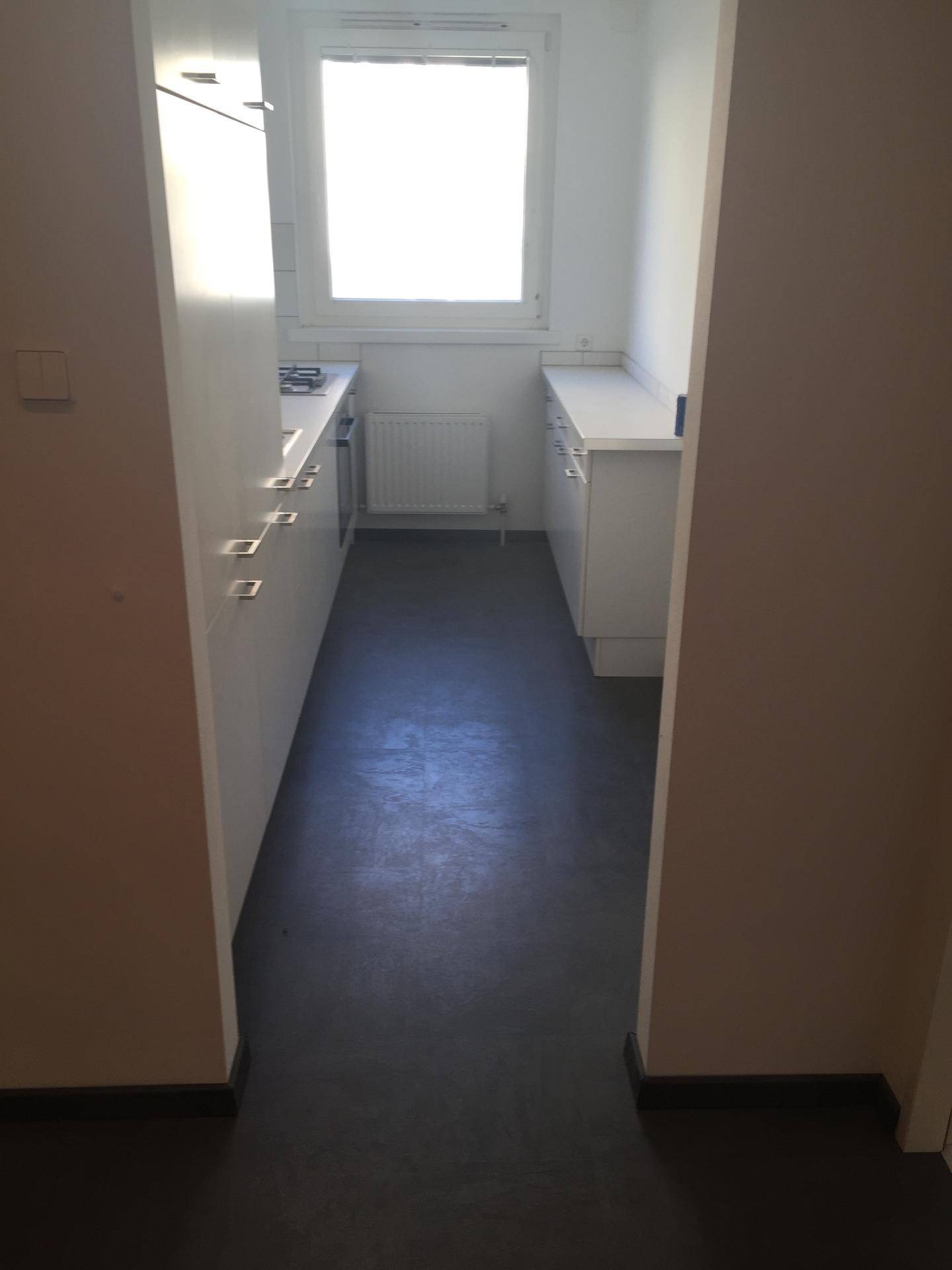 Schmale Küche mit weißen Schränken und Fenster, bietet ausreichend Arbeitsfläche und Stauraum.