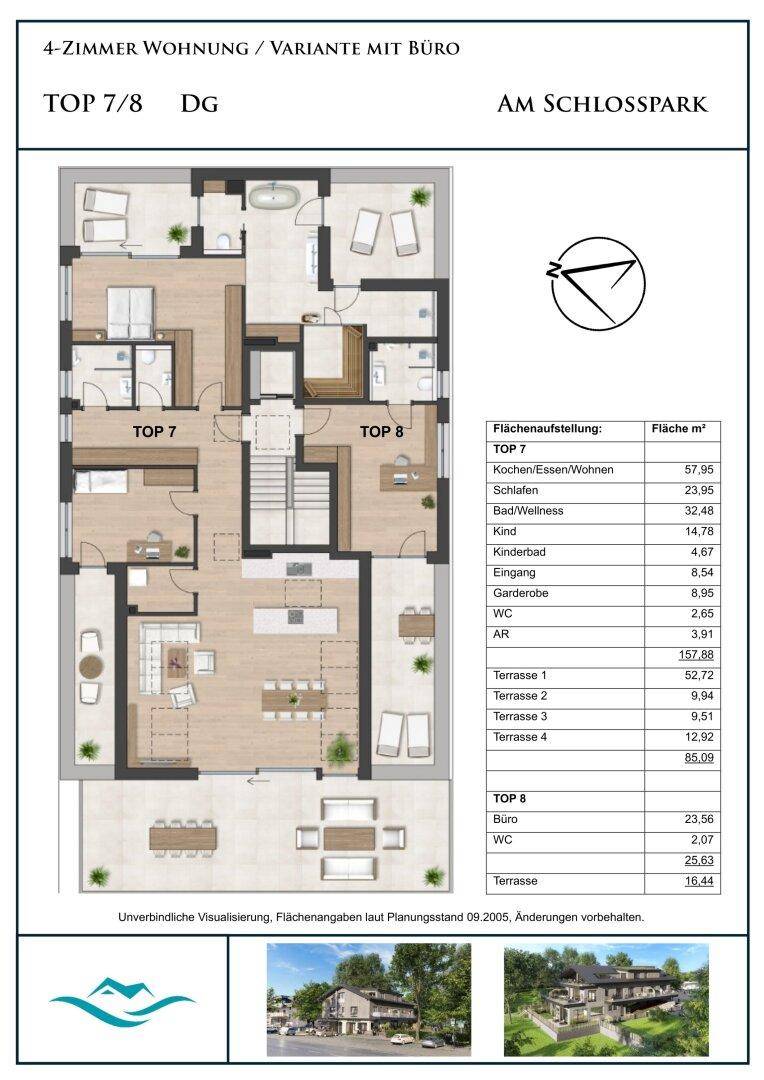 Grundriss einer 4-Zimmer-Wohnung (TOP 7/8) mit Büro, mehreren Terrassen und großzügigem Wohnbereich.