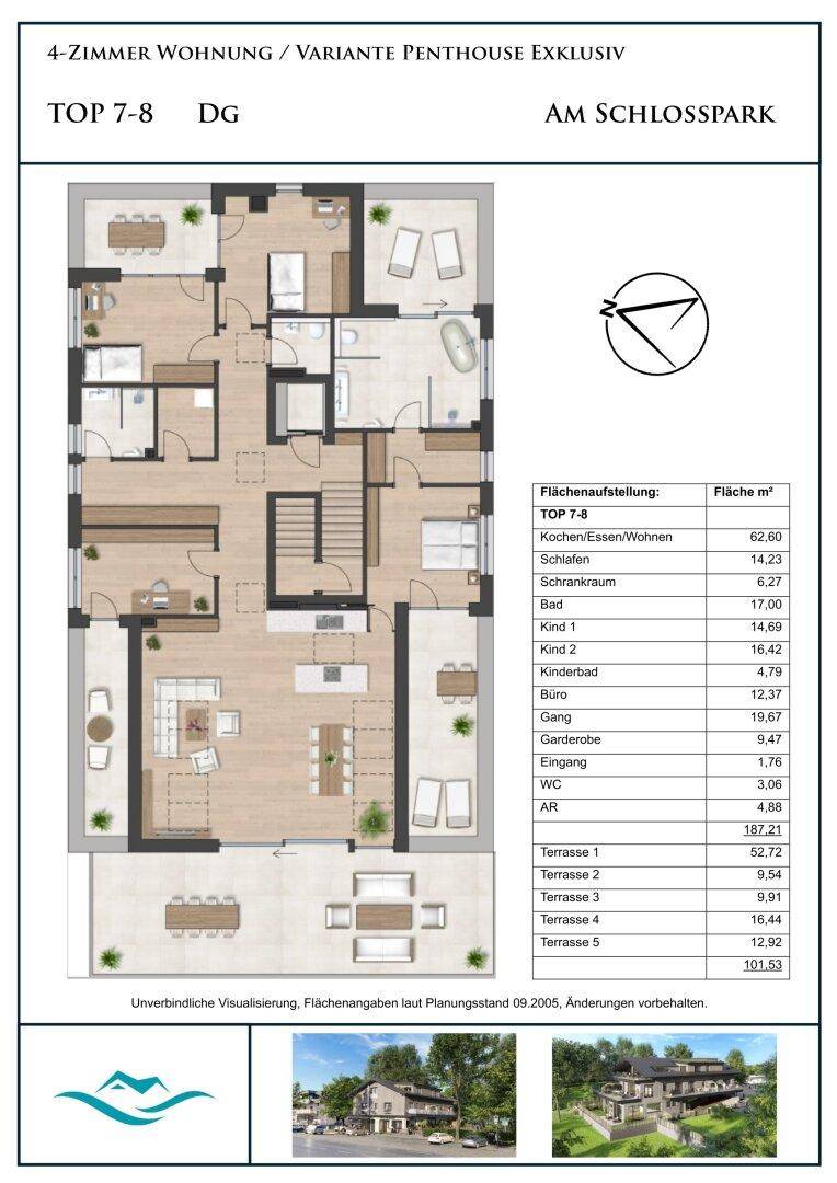 Exklusiver Penthouse-Grundriss (TOP 7-8) mit vier Zimmern, mehreren Terrassen, begehbarem Kleiderschrank und En-Suite-Bad.