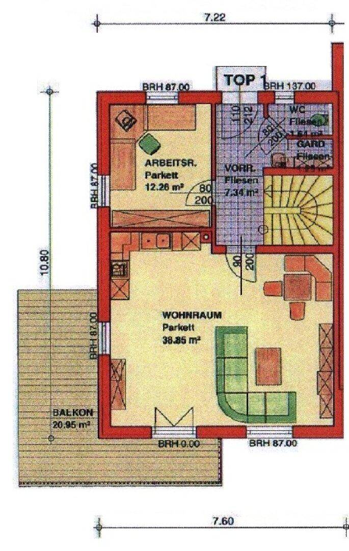 Grundriss der Wohnung TOP 1 mit Wohnzimmer, Arbeitszimmer, WC und großem Balkon.