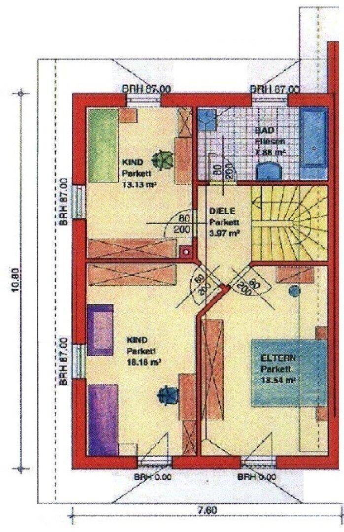 Grundriss der oberen Etage mit drei Schlafzimmern und einem Badezimmer.