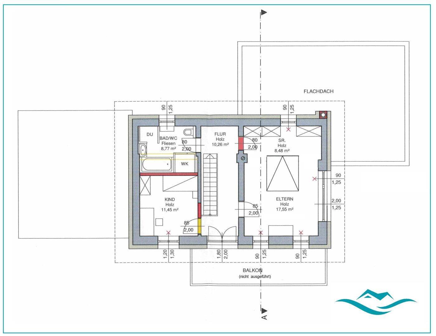 Grundriss des Obergeschosses mit Schlafzimmern, Bad und potentiellem Balkon.