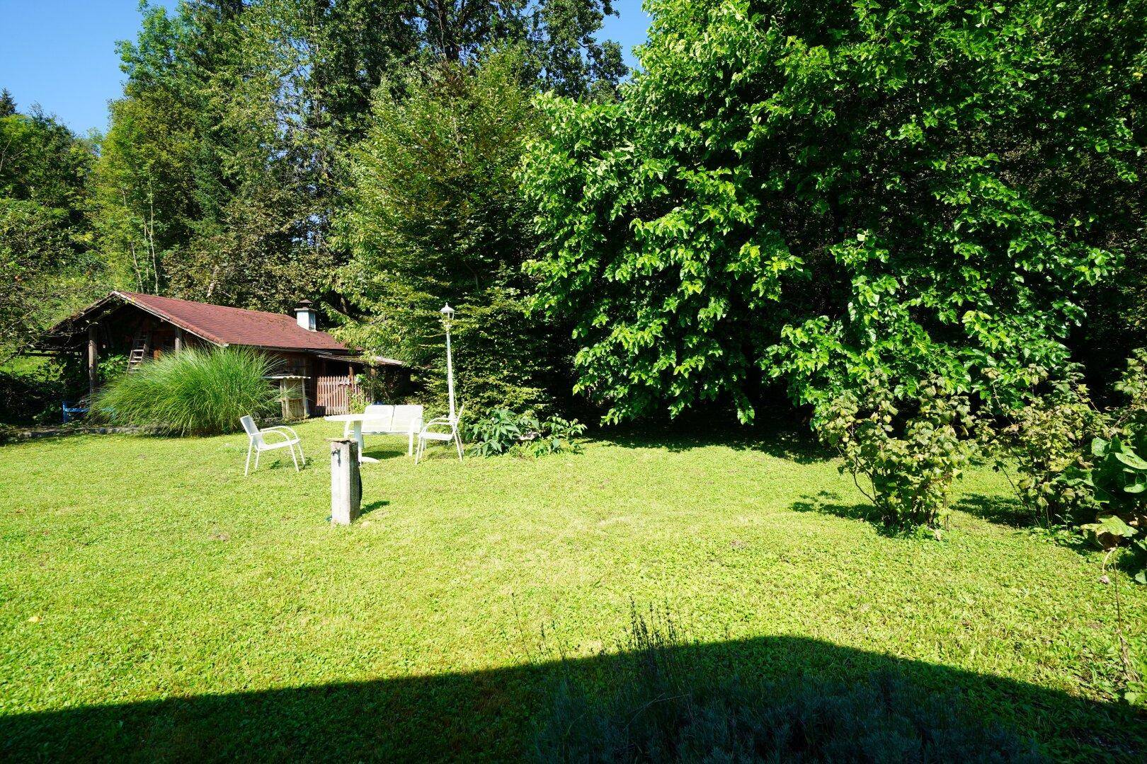 Gepflegter Gartenbereich mit Rasenfläche, Bäumen und einem kleinen Holzschuppen im Hintergrund.