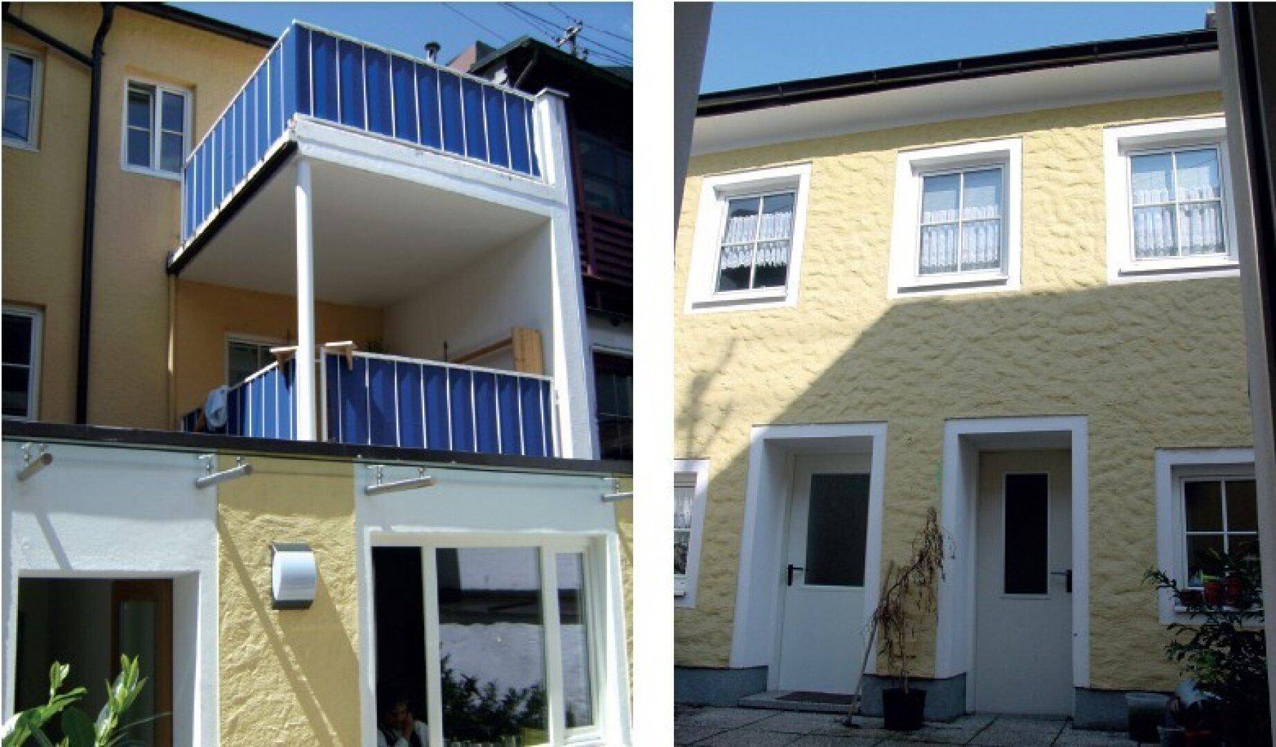 Zwei Ansichten des Gebäudes, links ein Balkon mit blauer Brüstung, rechts ein Eingangsbereich im Innenhof.