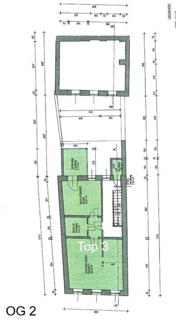 Grundriss des zweiten Obergeschosses mit Balkon, Terrasse, WC und Abstellraum für eine Wohneinheit.