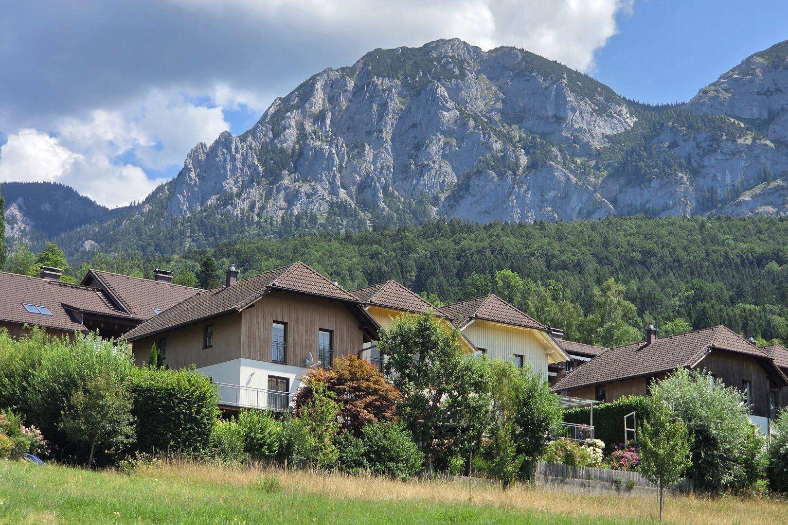 Häuser in einer grünen Umgebung mit beeindruckendem Blick auf die majestätischen Berge.