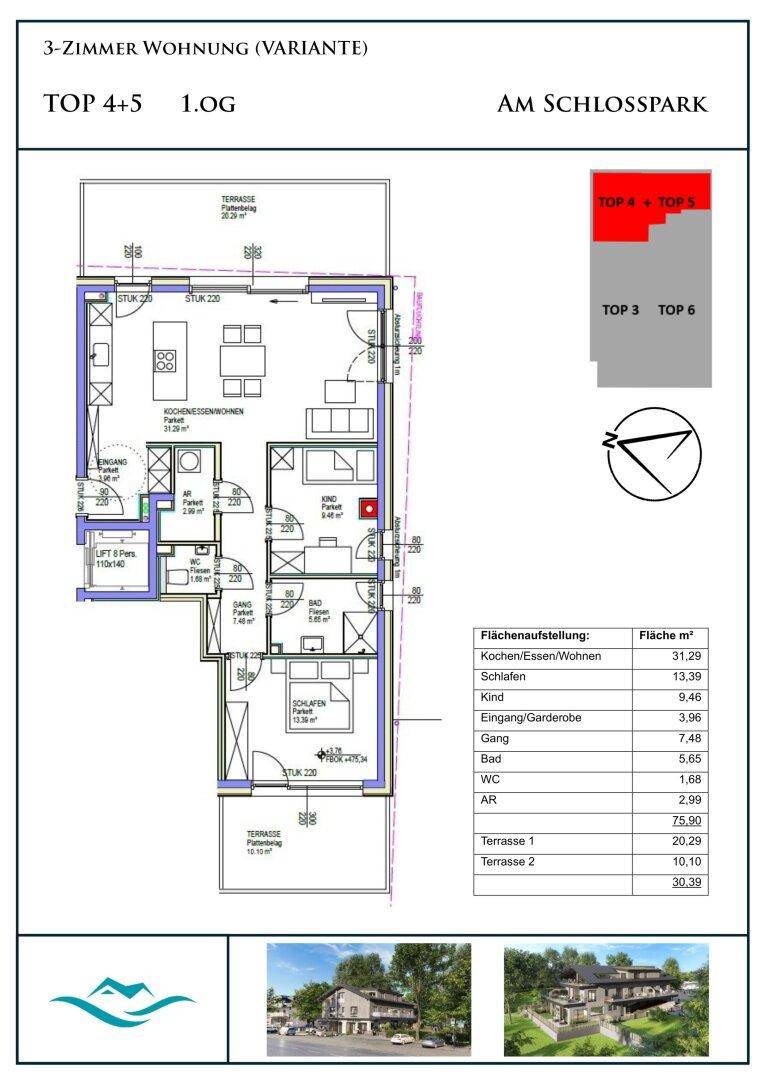 Grundriss einer 3-Zimmer-Wohnung mit offenem Wohnbereich, zwei Terrassen und separatem WC.