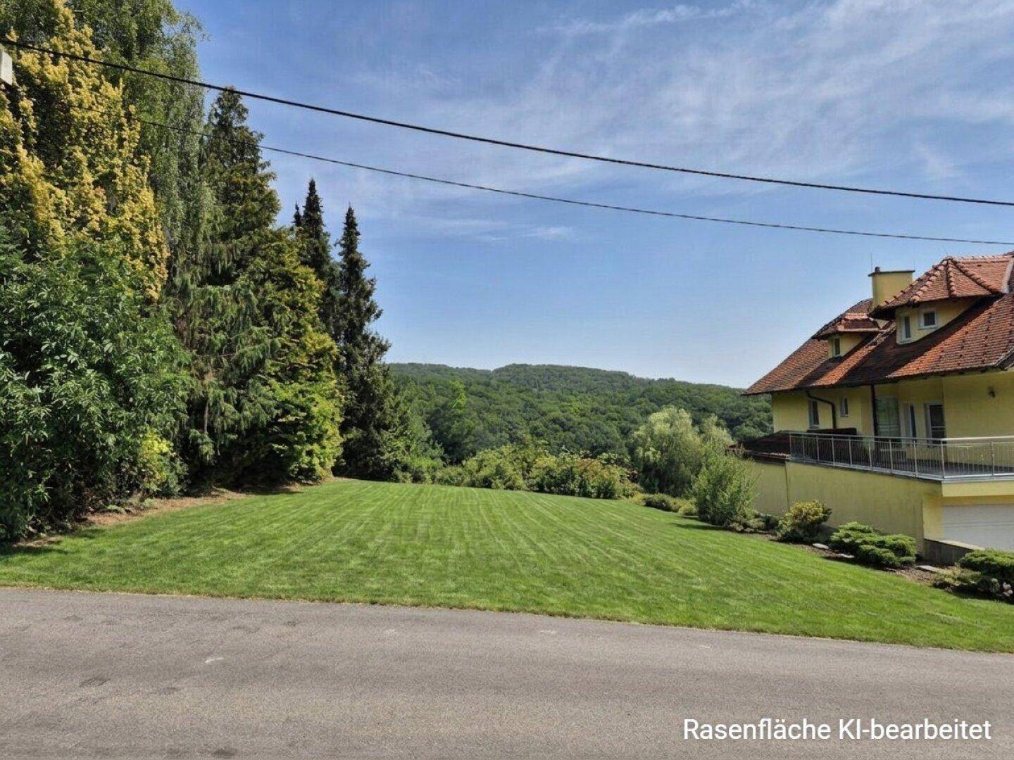 Weitläufige, gepflegte Rasenfläche mit Blick auf bewaldete Hügel und angrenzendes Wohnhaus.