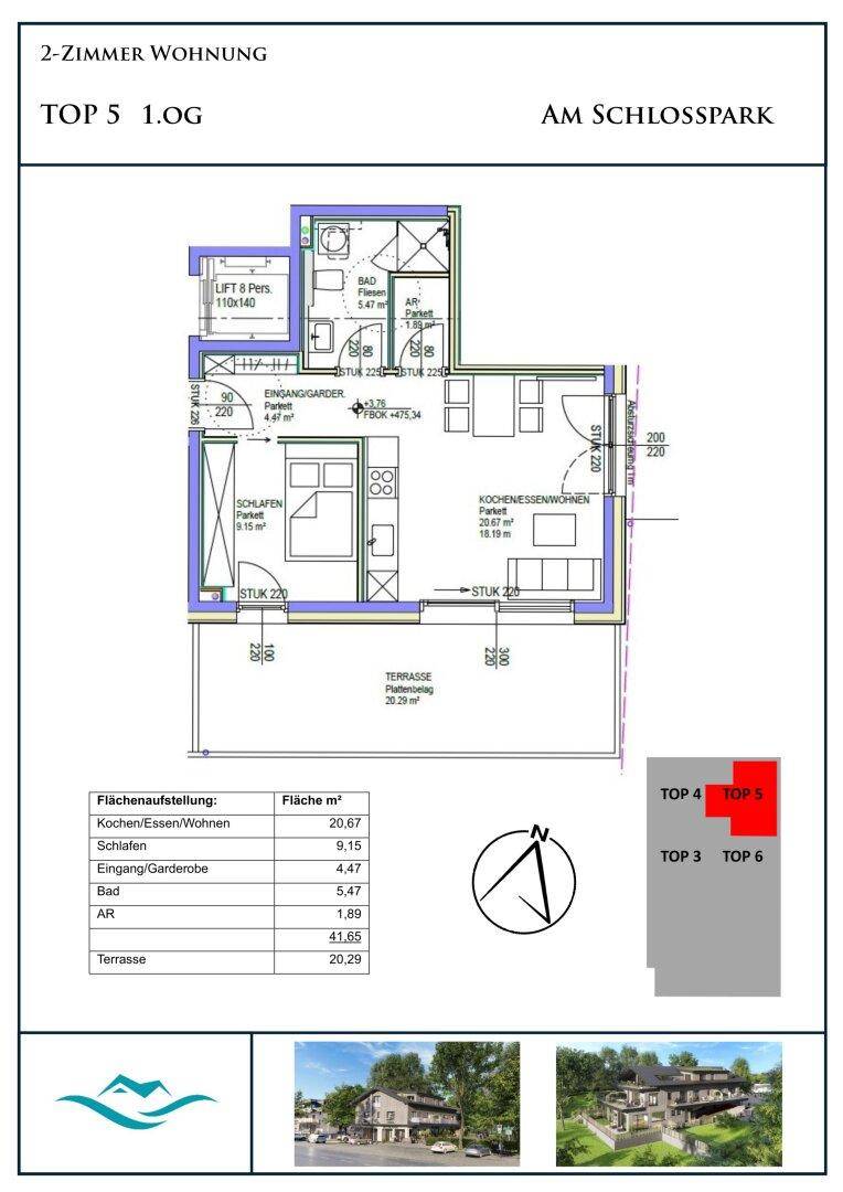 Grundriss einer 2-Zimmer-Wohnung im 1. Obergeschoss mit offenem Wohnbereich, Schlafzimmer und großer Terrasse.