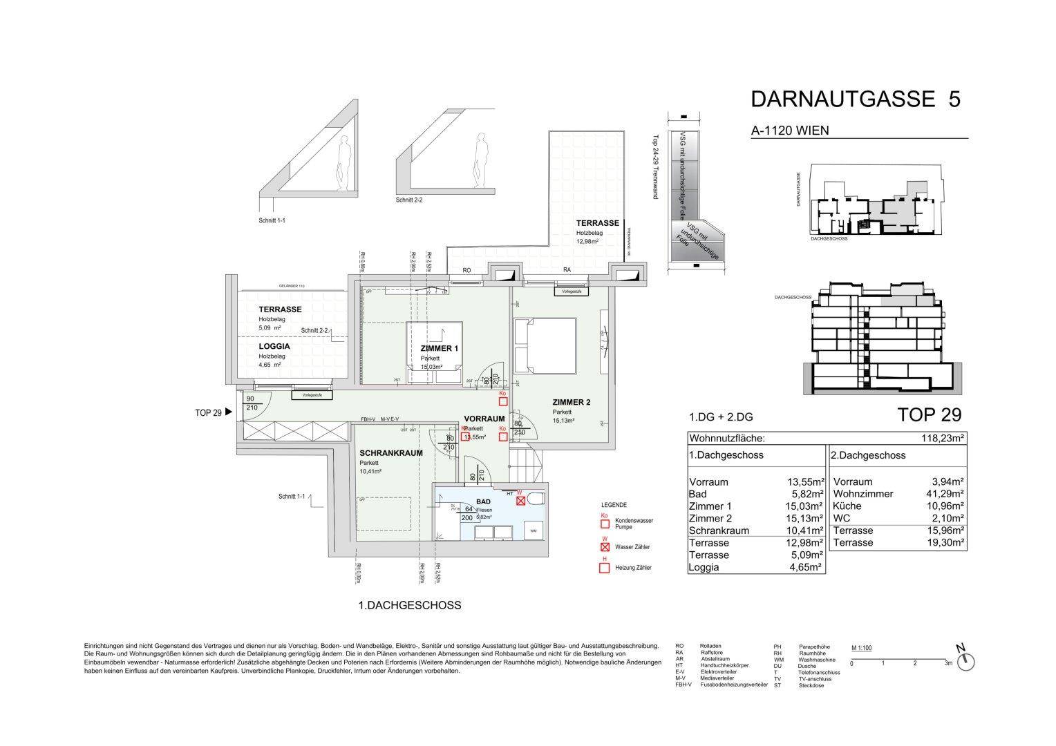Grundriss des 1. Dachgeschosses mit zwei Schlafzimmern, Bad und Loggia.