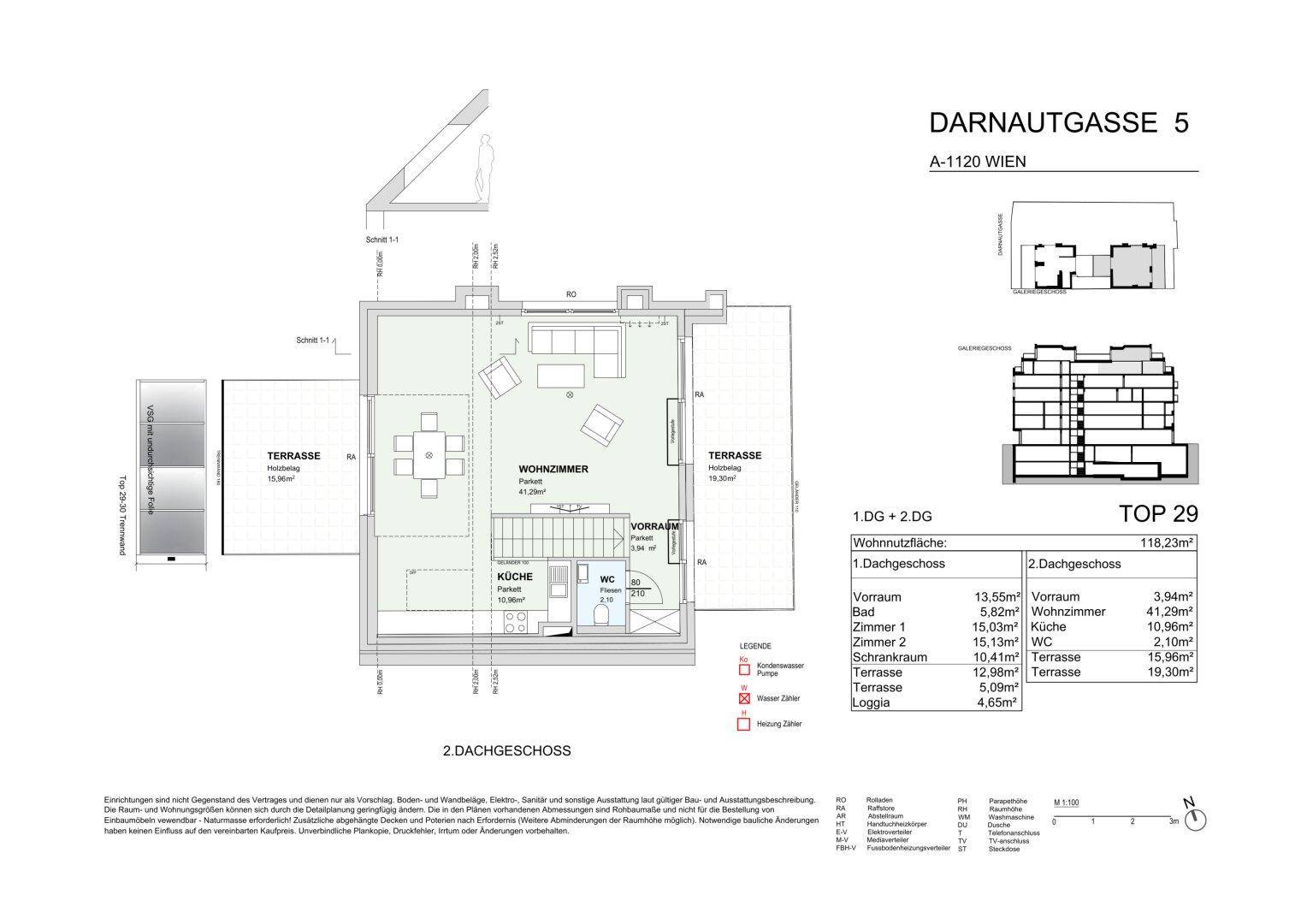 Grundriss des 2. Dachgeschosses mit offenem Wohn-Essbereich, Küche und Terrasse.