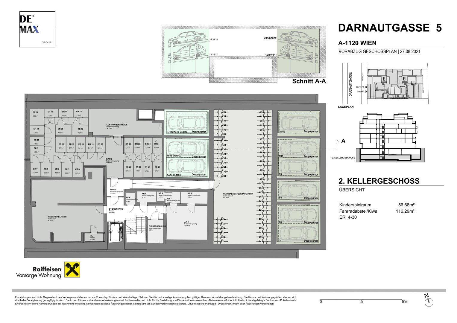 Grundriss des 2. Kellergeschosses mit Tiefgarage und Abstellräumen.