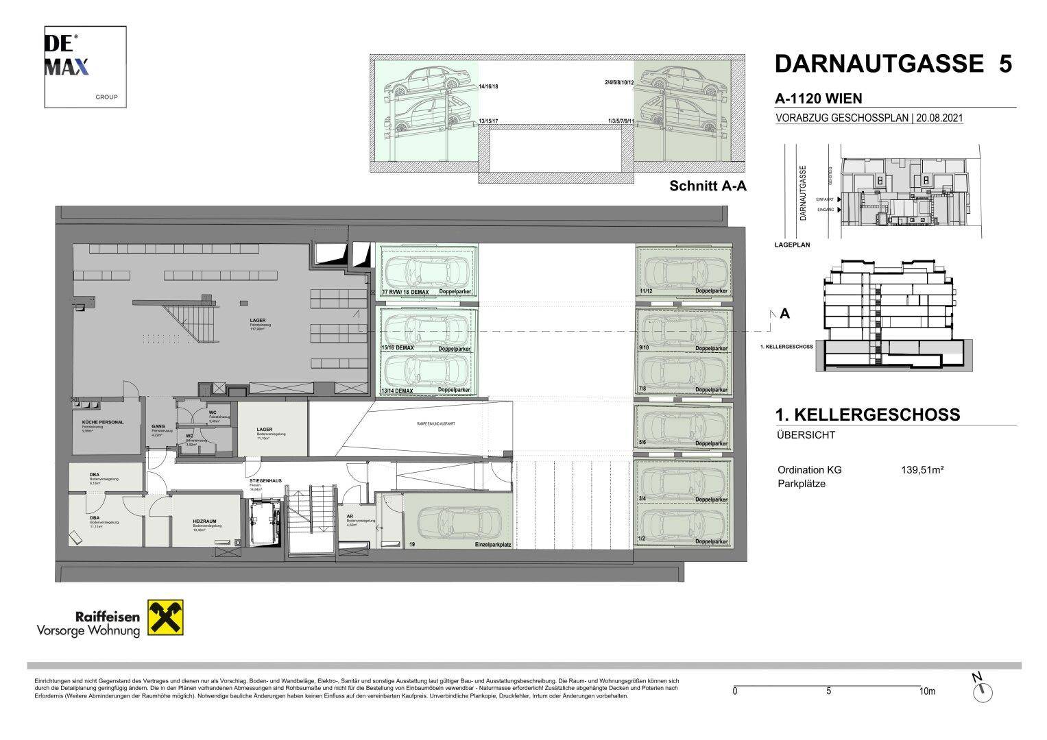 Grundriss des 1. Kellergeschosses mit Tiefgarage und weiteren Parkplätzen.