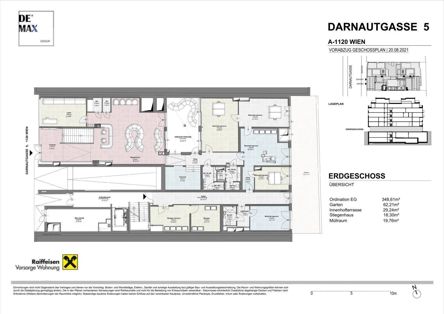 Detaillierter Grundriss des Erdgeschosses mit mehreren Räumen, Innenhofterrasse und Garten.