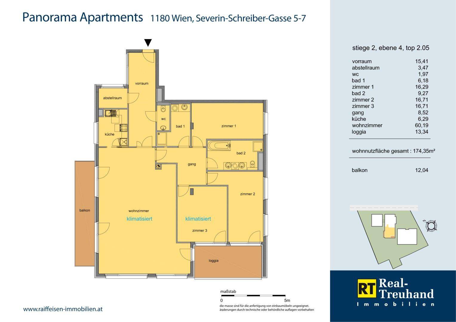 Detaillierter Grundriss einer Wohnung mit mehreren Zimmern, Bädern, Balkonen und Klimatisierung.
