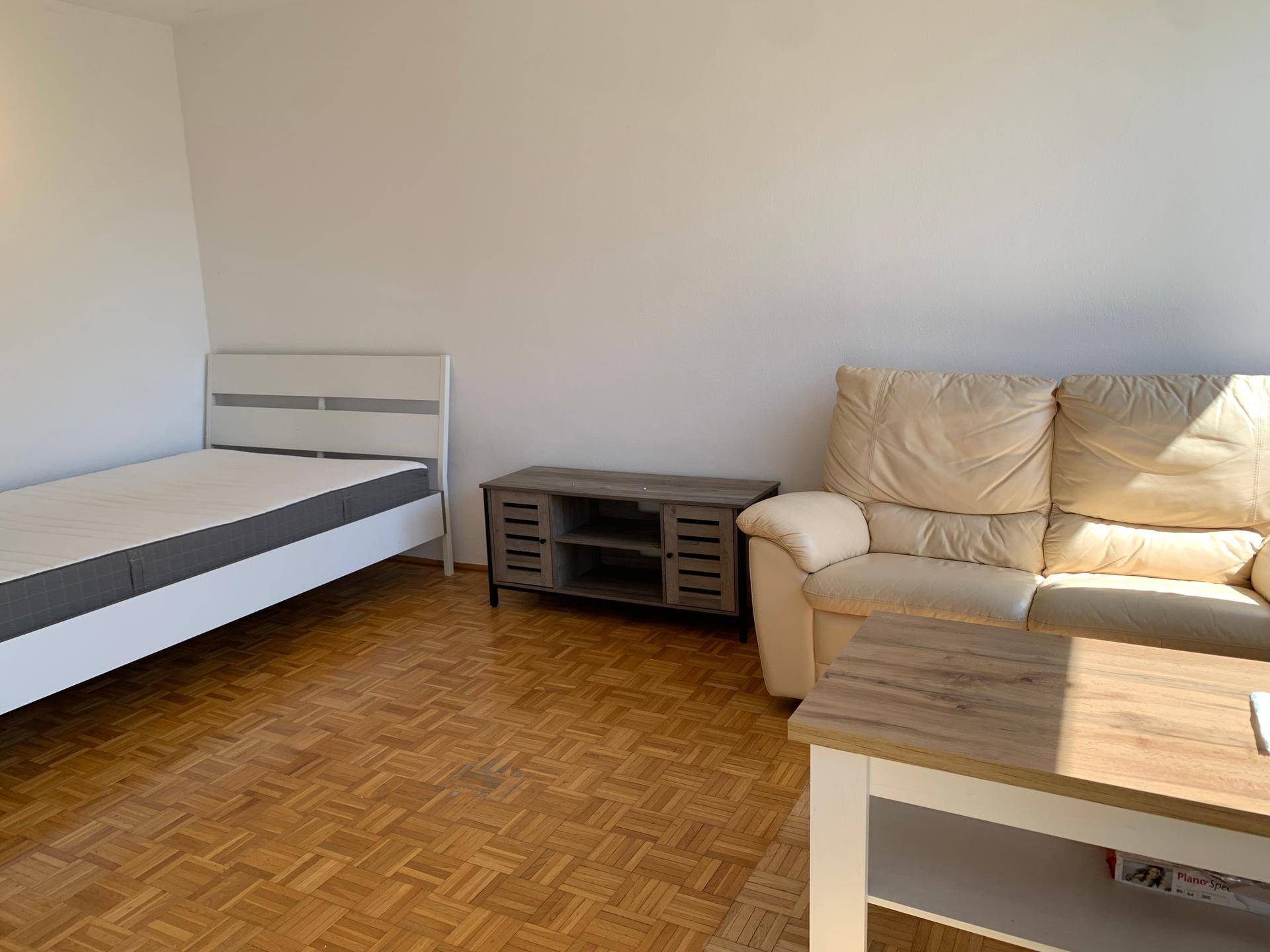 Kombinierter Wohn- und Schlafbereich mit Bett, Sofa und Parkettboden.