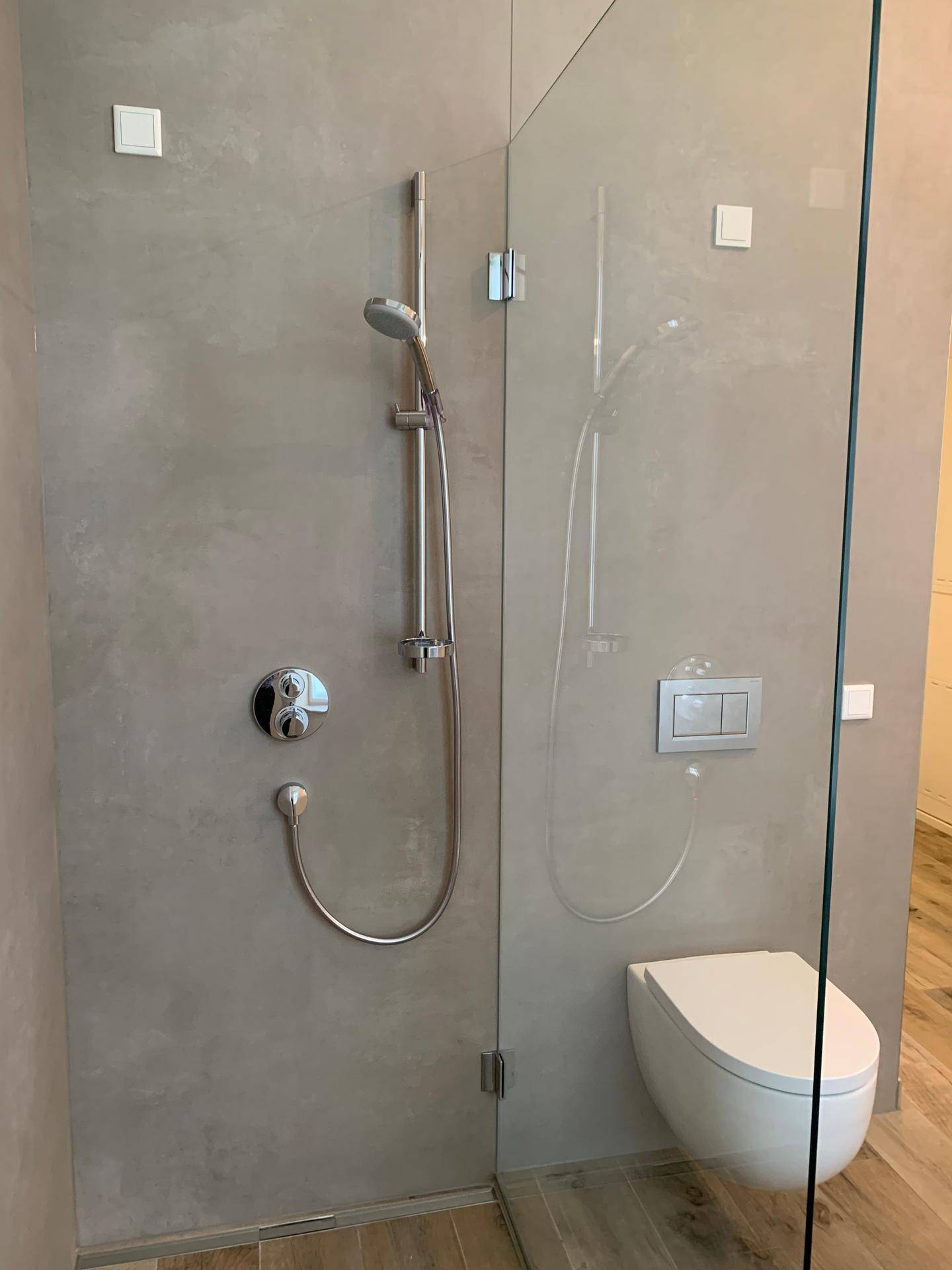 Detaillierte Ansicht der modernen Dusche mit Glaswand und wandhängendem WC im Badezimmer.