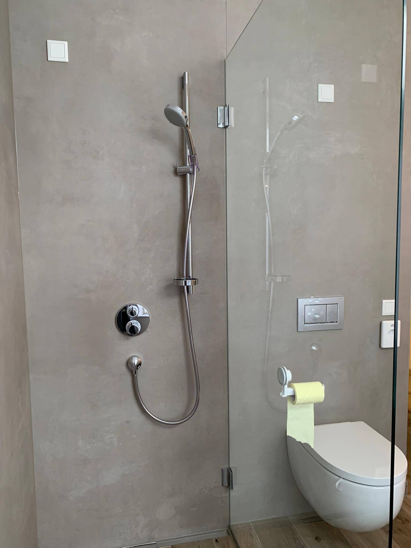 Moderne Dusche mit Glasabtrennung und wandhängendem WC in einem hellen Badezimmer.